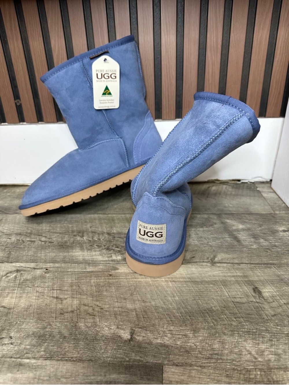 UGG Short Suede Boots in Dusty Blue with Tan Sole